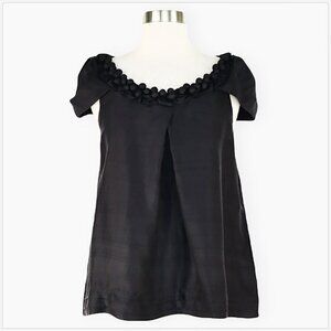 Gold Hawk Black 100% Raw Silk Babydoll Embellished Pom Pom Neckline Top Blouse L